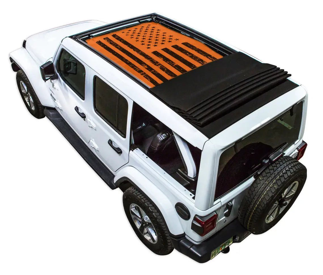 SpiderWebShade sun shade top for Jeep Wrangler JLU Sky One Touch; orange printed shade with American flag design on white Jeep