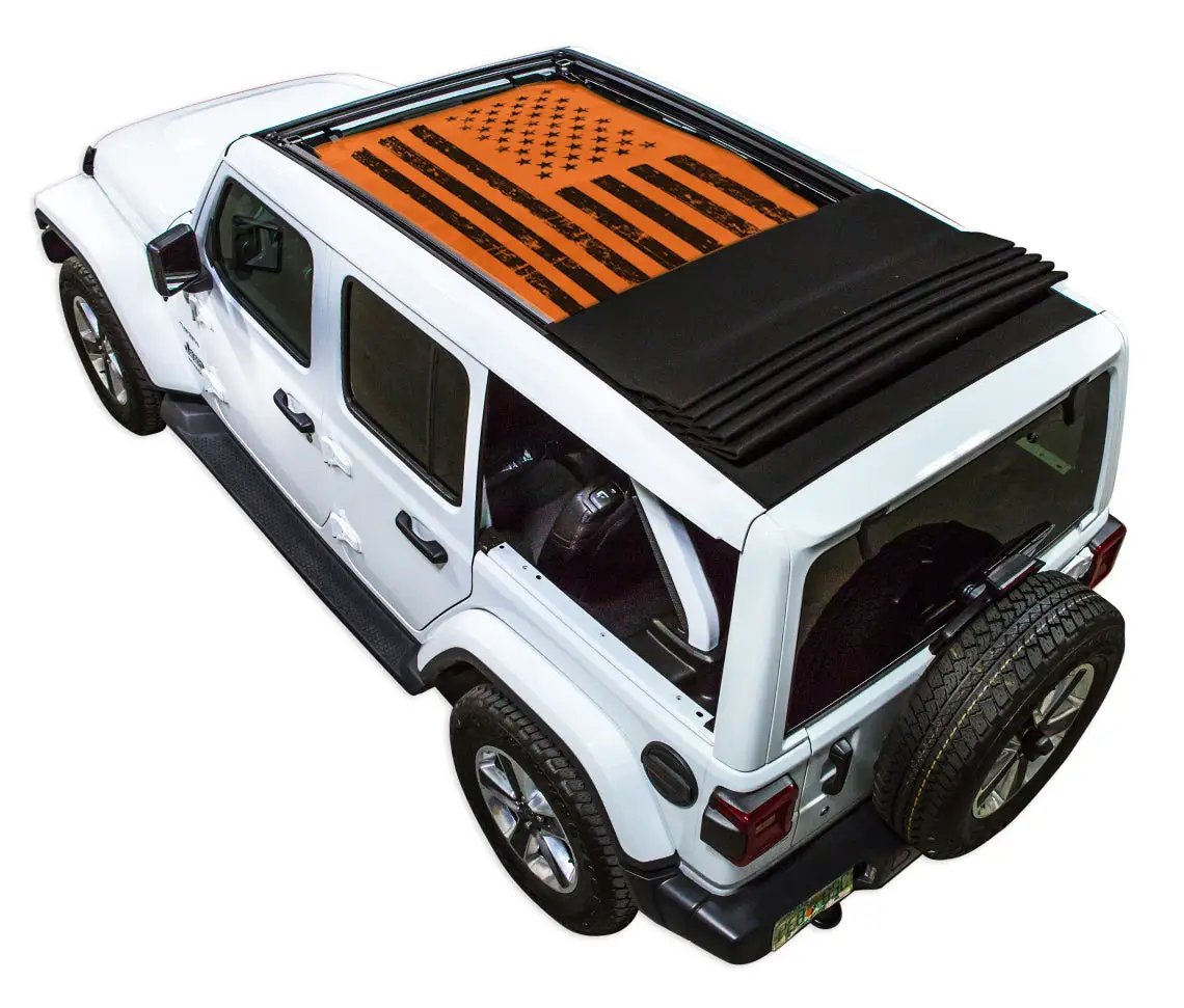 SpiderWebShade sun shade top for Jeep Wrangler JLU Sky One Touch; orange printed shade with American flag design on white Jeep