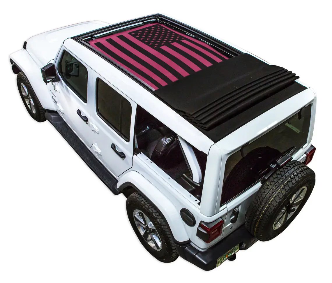 SpiderWebShade Sun Shade for Jeep Wrangler JLU Sky One Touch Power Top; pink US-flag print roof shade on white Jeep