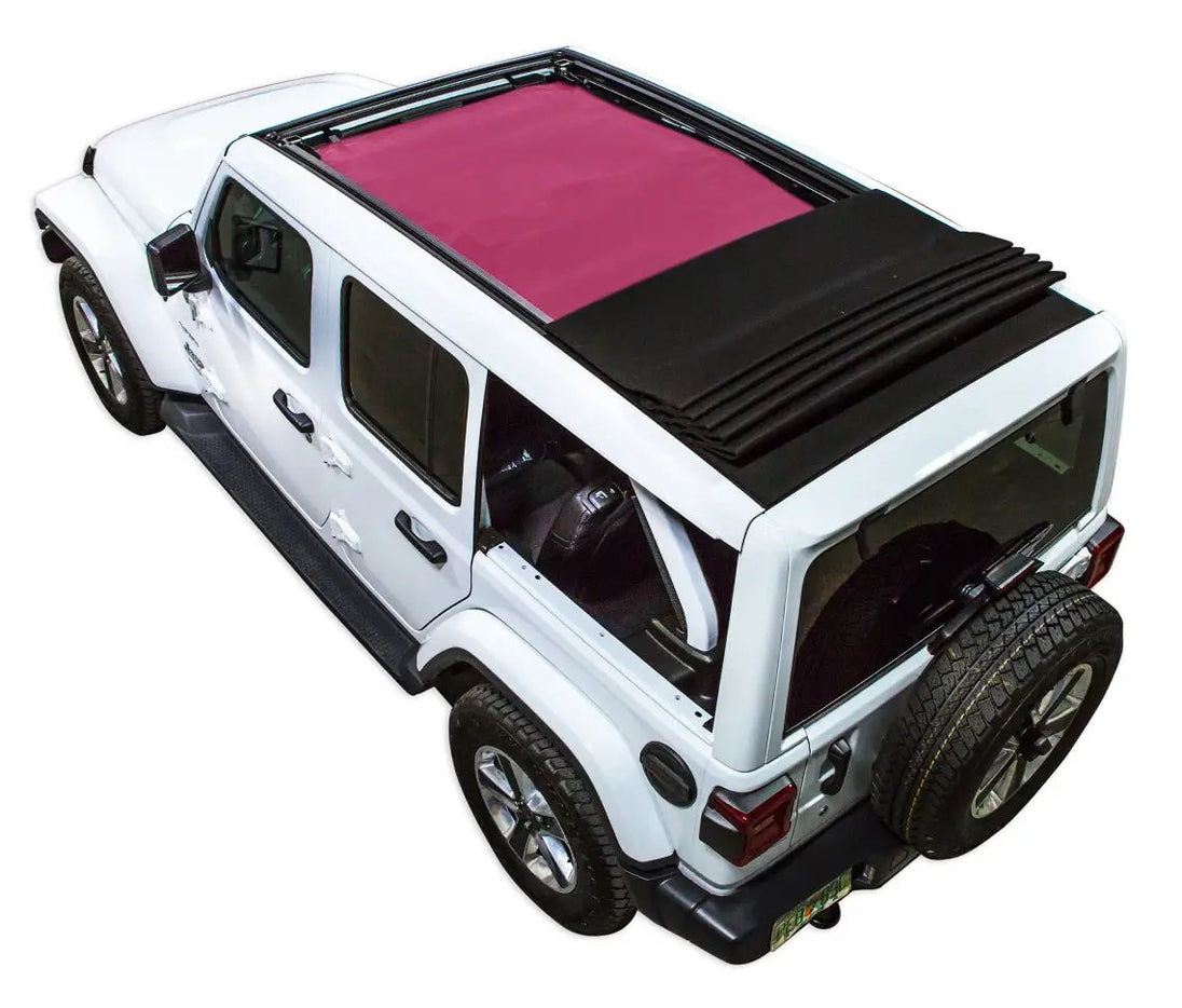 Sun Shade for Jeep Wrangler JLU Sky One Touch Power Top by SpiderWebShade; solid pink shade top installed