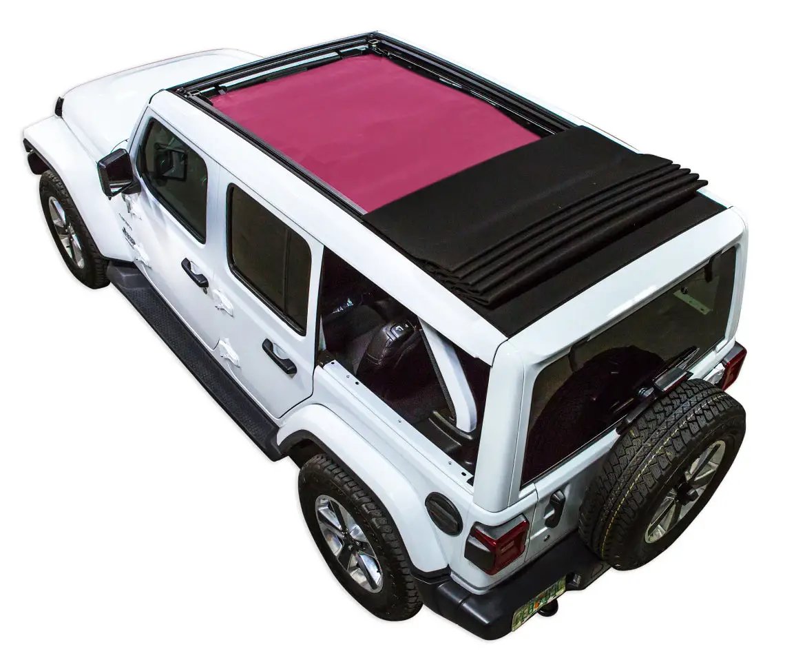 Sun Shade for Jeep Wrangler JLU Sky One Touch Power Top by SpiderWebShade; solid pink shade top installed