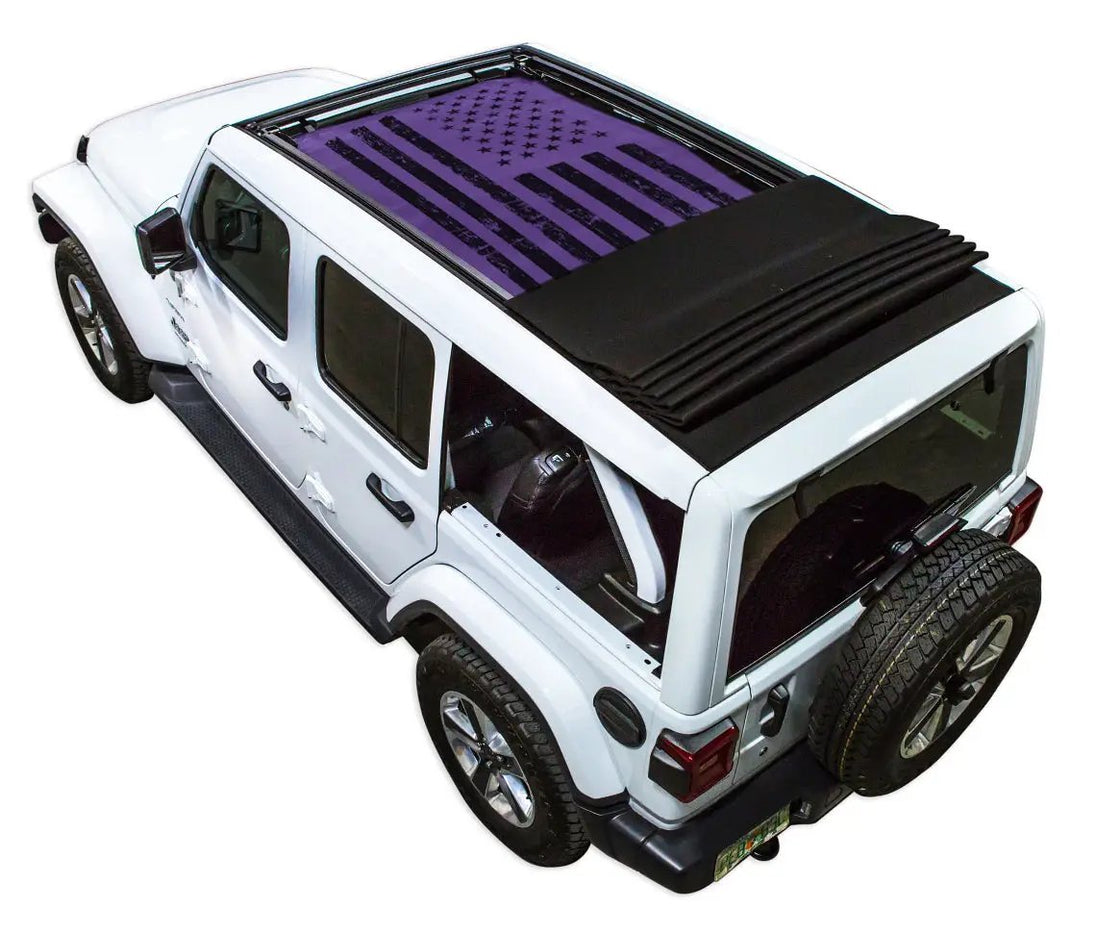 SpiderWebShade sun shade for Jeep Wrangler JLU Sky One Touch Power Top; purple printed stock shade top.