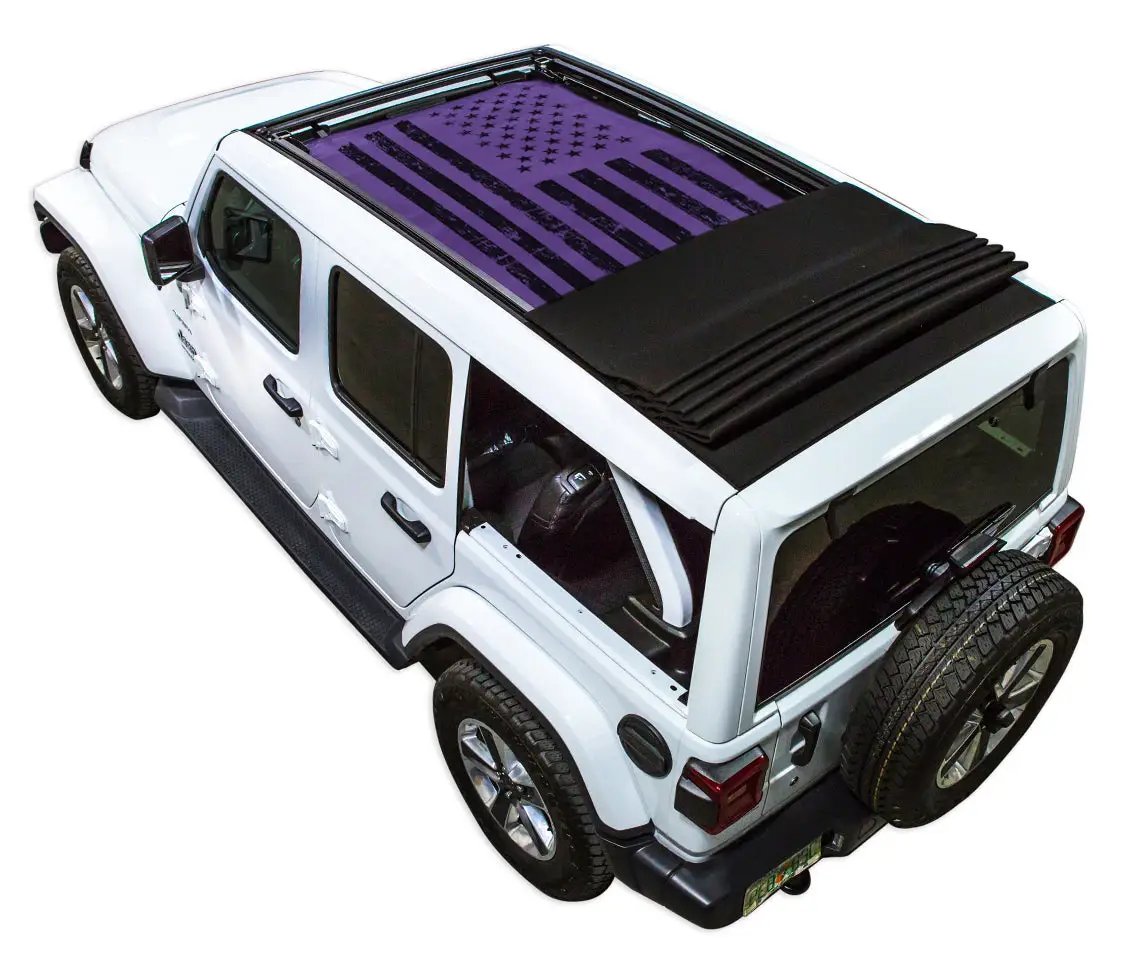 SpiderWebShade sun shade for Jeep Wrangler JLU Sky One Touch Power Top; purple printed stock shade top.