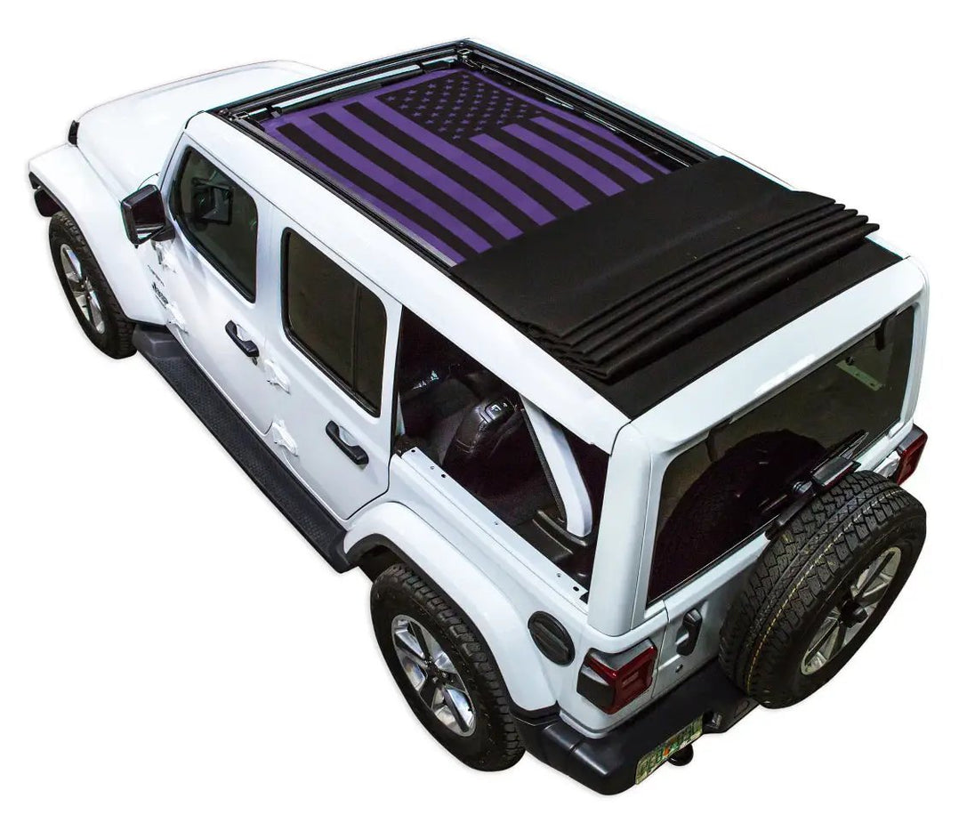 SPIDERWEBSHADE sun shade for Jeep Wrangler JLU; purple American-flag print top