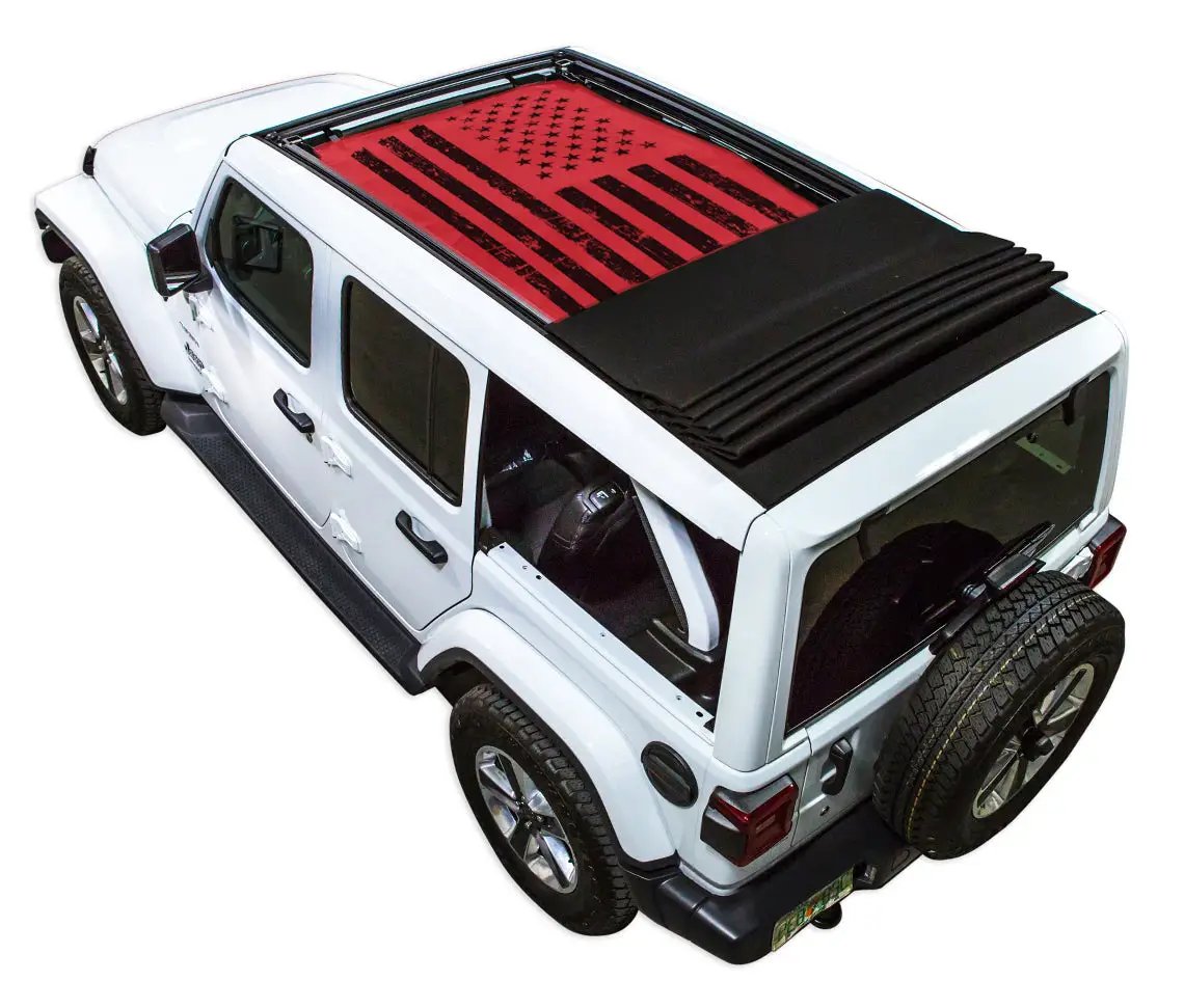 Sun shade top for Jeep Wrangler JLU by SpiderWebShade with red printed flag design and black folded panel