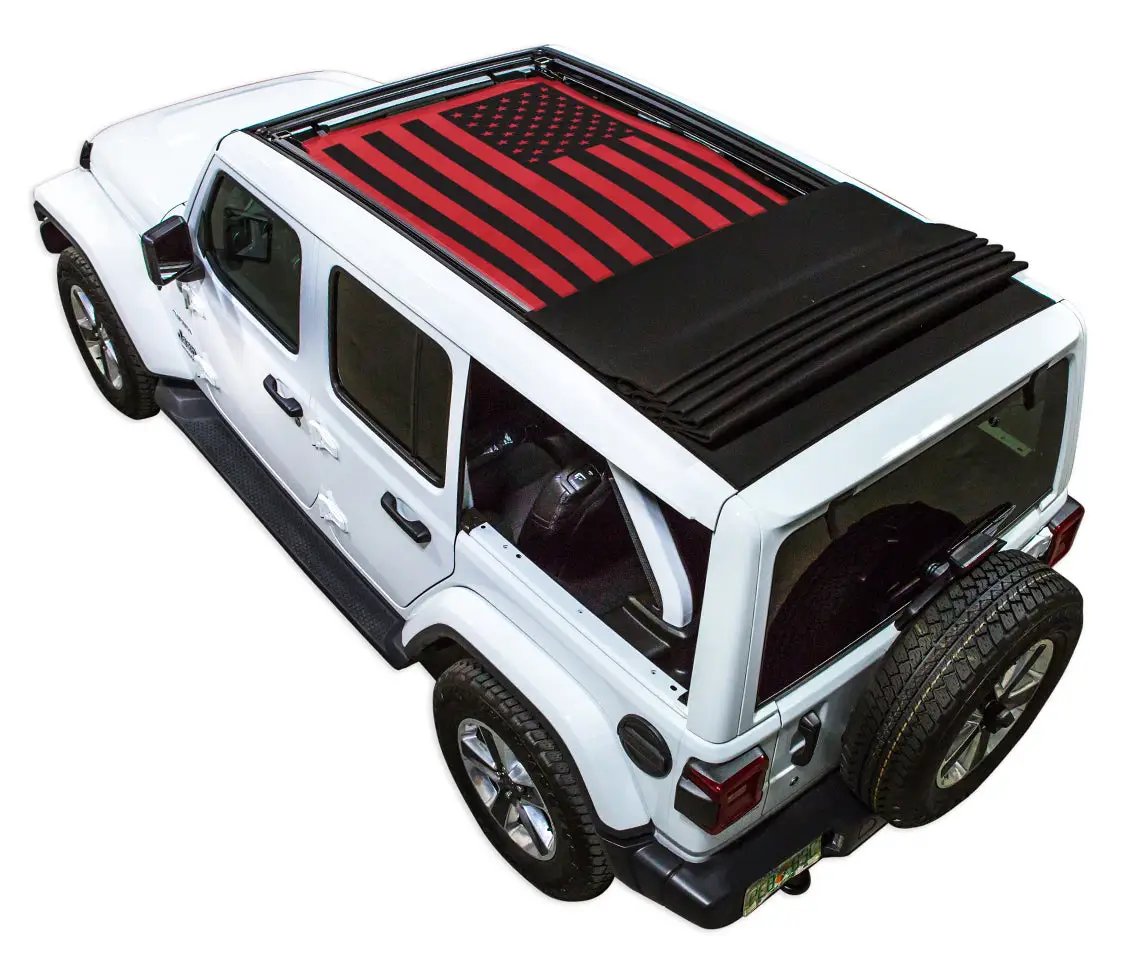 Sun Shade by SpiderWebShade on white Jeep Wrangler JLU with red/black American flag print and folded black shade top