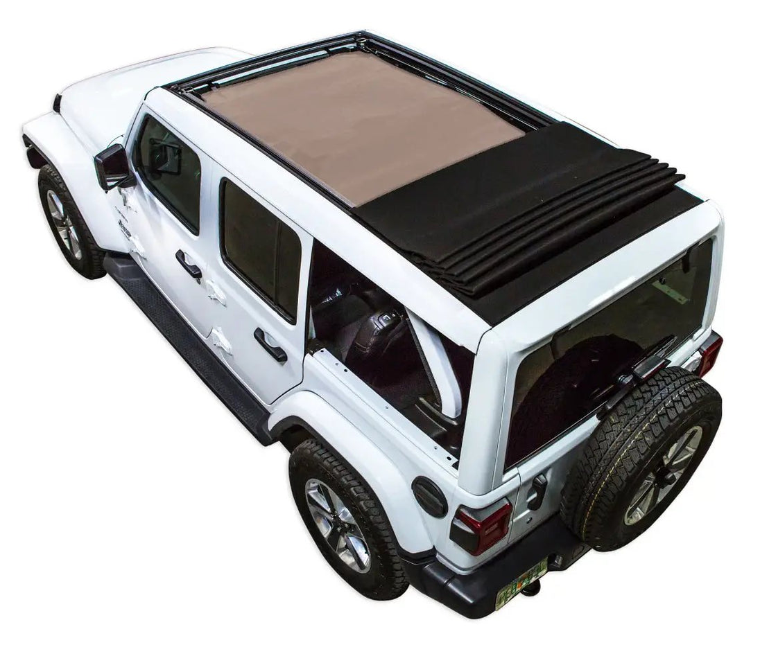 Sun shade for Jeep Wrangler JLU Sky One Touch Power Top by SpiderWebShade, tan solid color fabric
