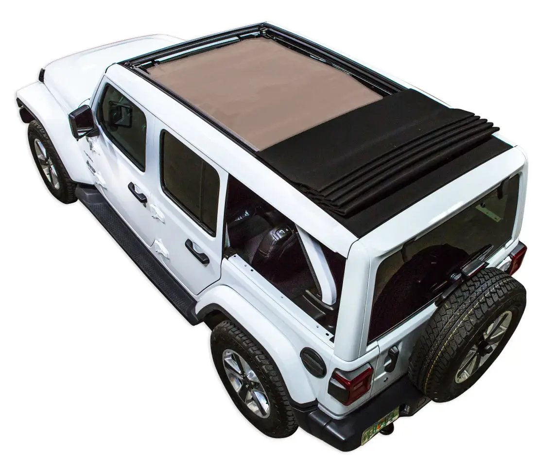 Sun shade for Jeep Wrangler JLU Sky One Touch Power Top by SpiderWebShade, tan solid color fabric