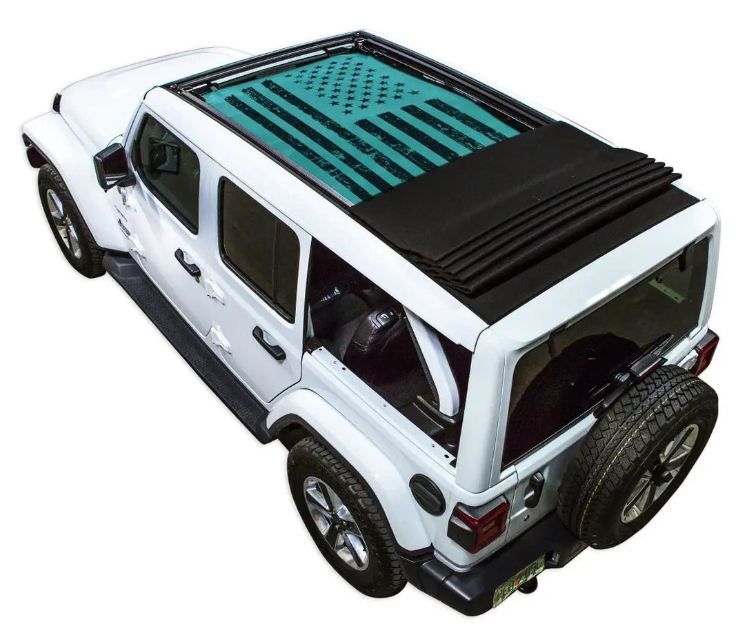 SpiderWebShade sun shade for Jeep Wrangler JLU Sky One Touch Power Top, black folded shade top
