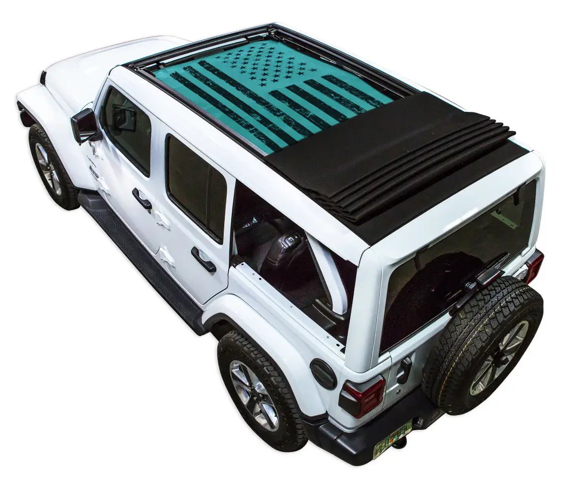 SpiderWebShade sun shade for Jeep Wrangler JLU Sky One Touch Power Top, black folded shade top