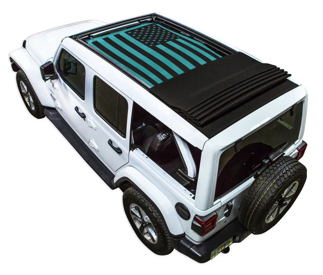 Sun Shade SpiderWebShade for Jeep Wrangler JLU; stock printed shade top with flag design on white Jeep.