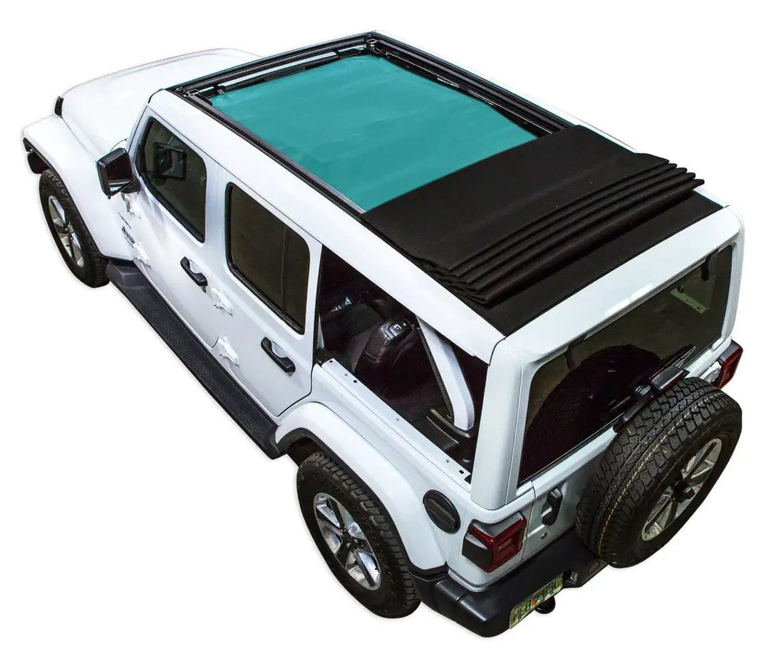 Sun shade top for Jeep Wrangler JLU by SpiderWebShade, solid black shade top for Sky One Touch Power Top (2018–2026)