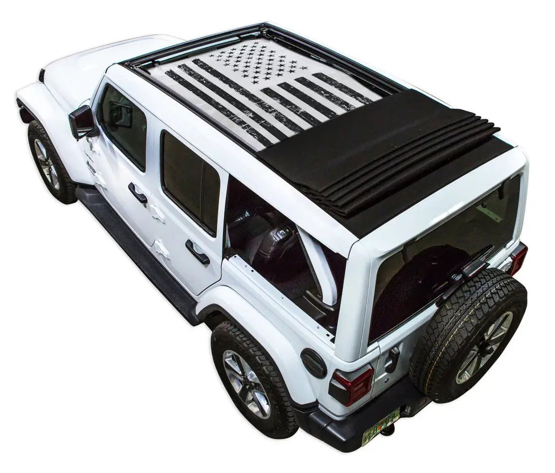 Sun shade for Jeep Wrangler JLU Sky One Touch Power Top; white Jeep with black printed flag shade top.
