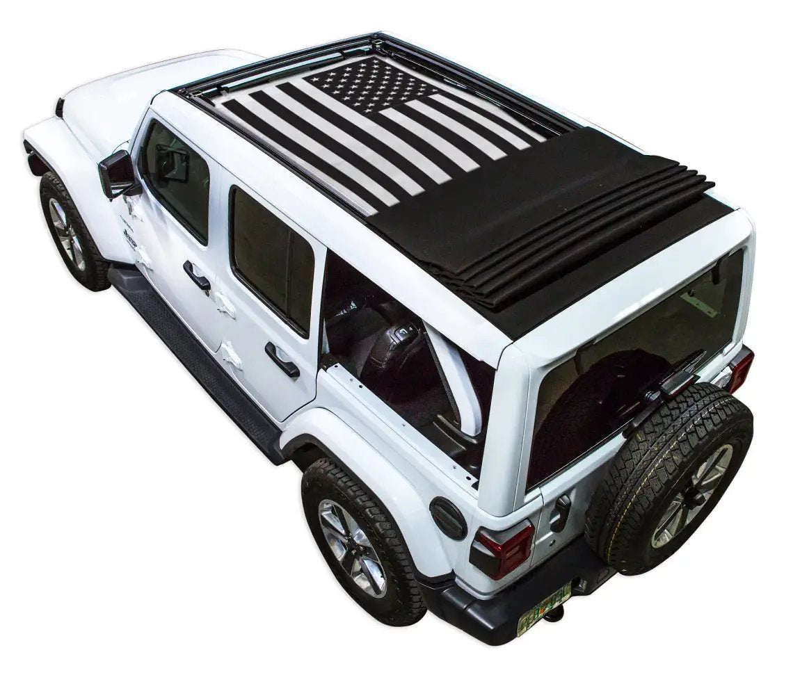 Sun shade top for Jeep Wrangler JLU with stock printed American flag shade pattern (2018–2026)