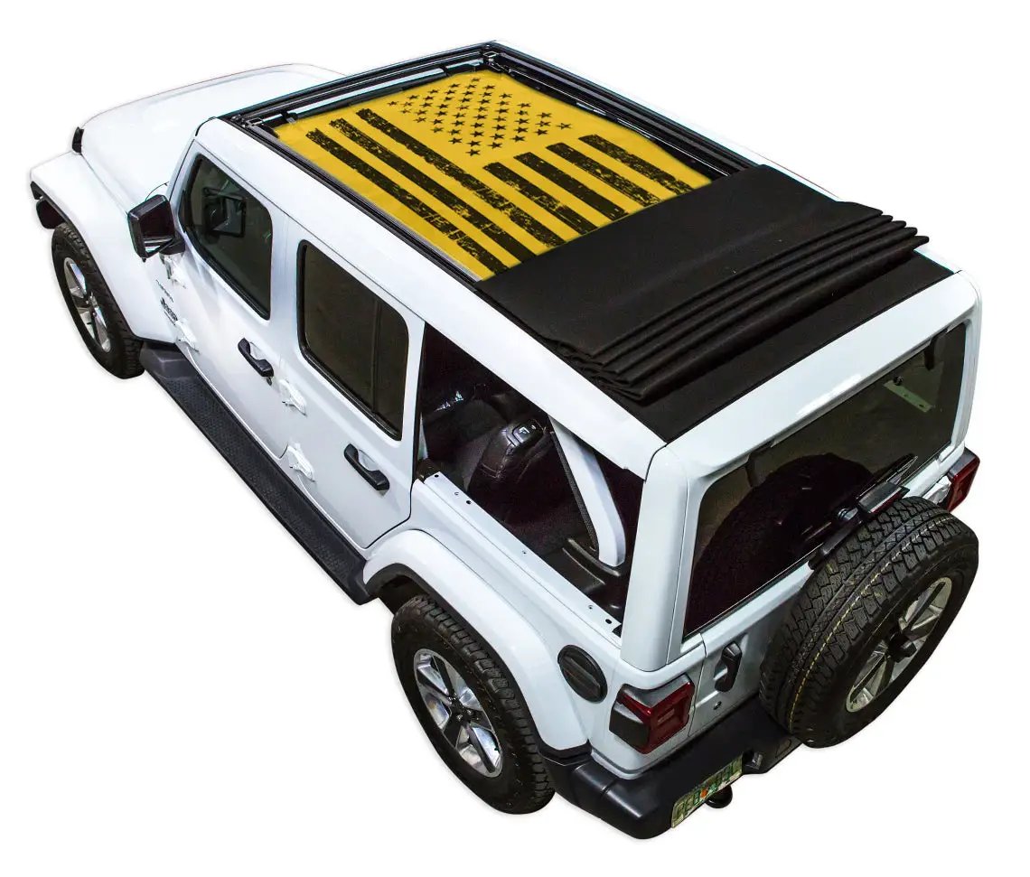 Sun Shade for Jeep Wrangler JLU Sky One Touch Power Top; yellow printed flag design with black folded shade panel