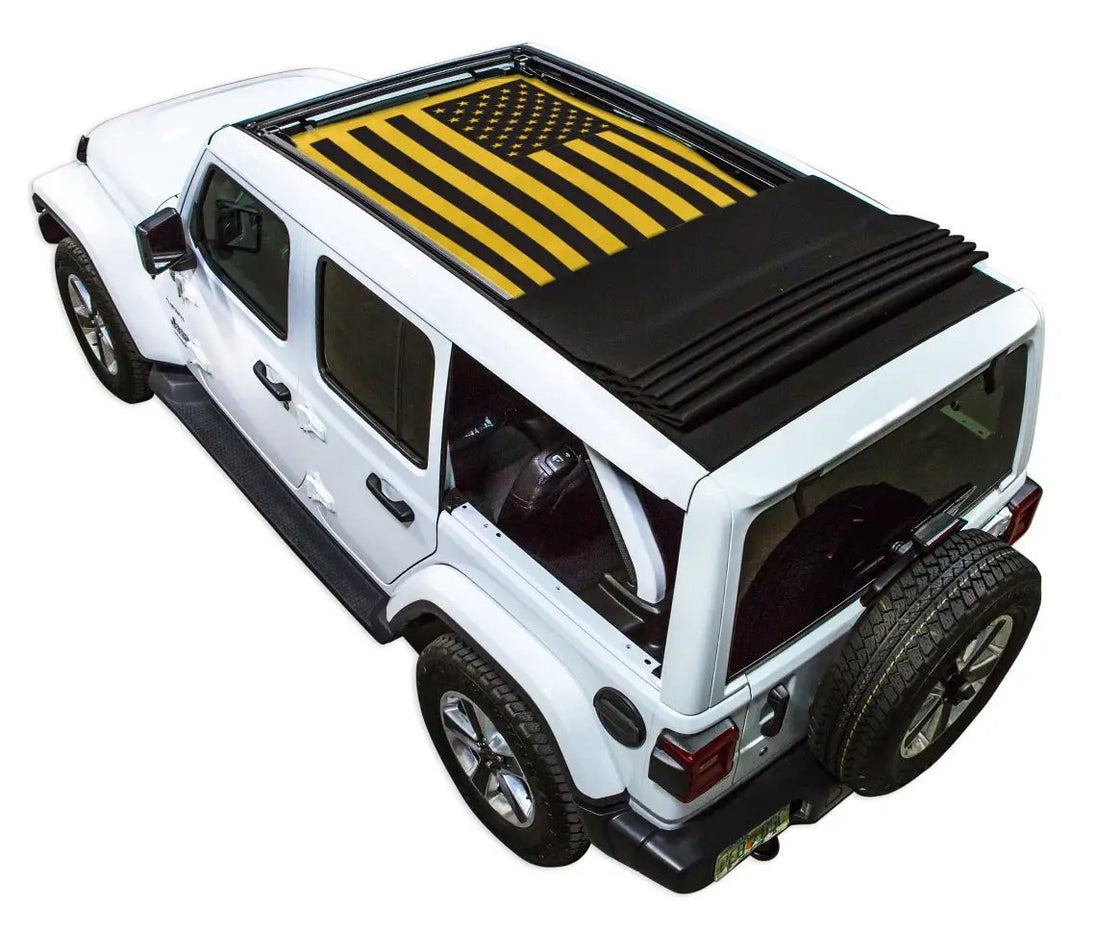 Sun shade SpiderWebShade for Jeep Wrangler JLU Sky One Touch Power Top; black fabric with yellow flag print