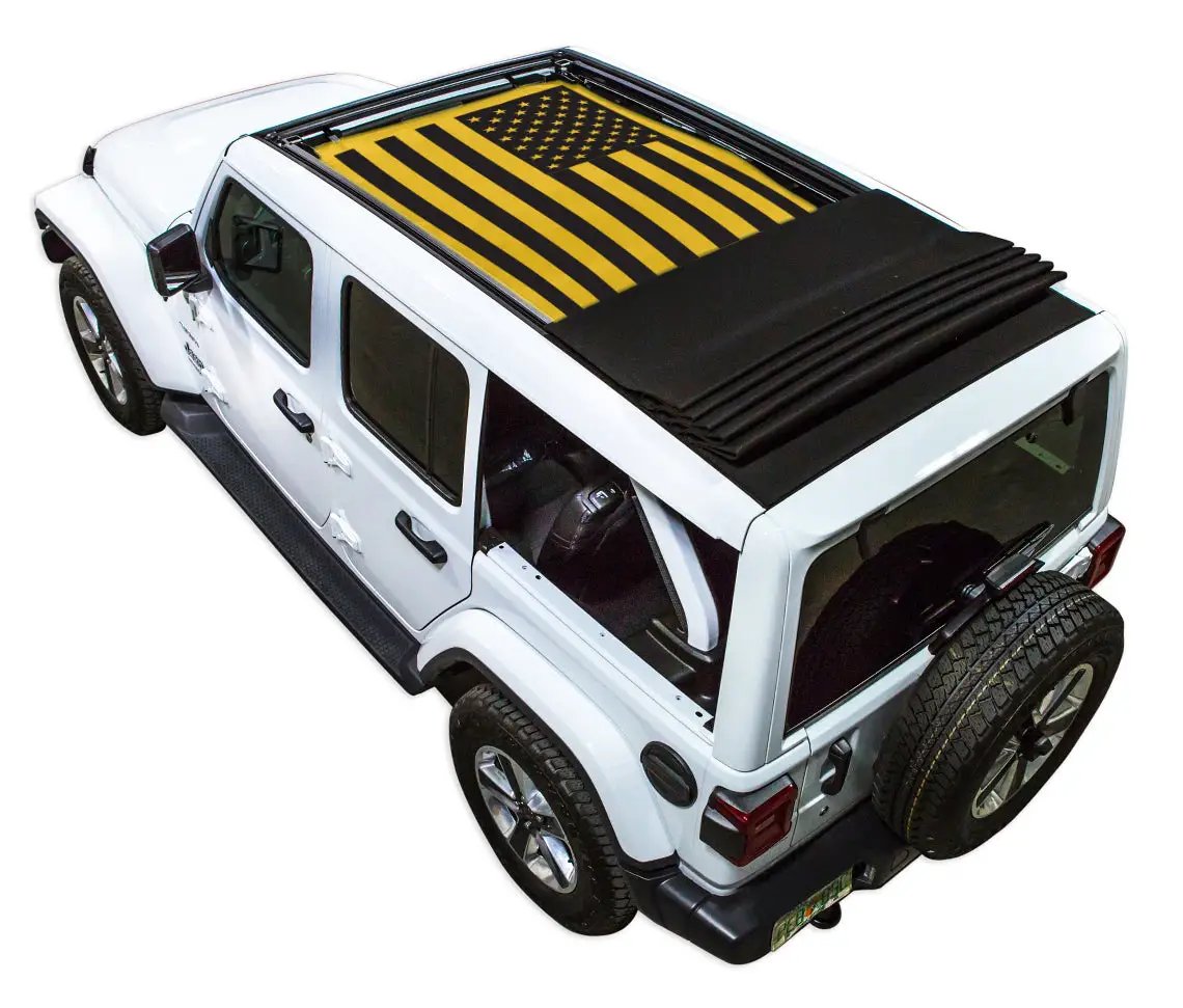 Sun shade SpiderWebShade for Jeep Wrangler JLU Sky One Touch Power Top; black fabric with yellow flag print