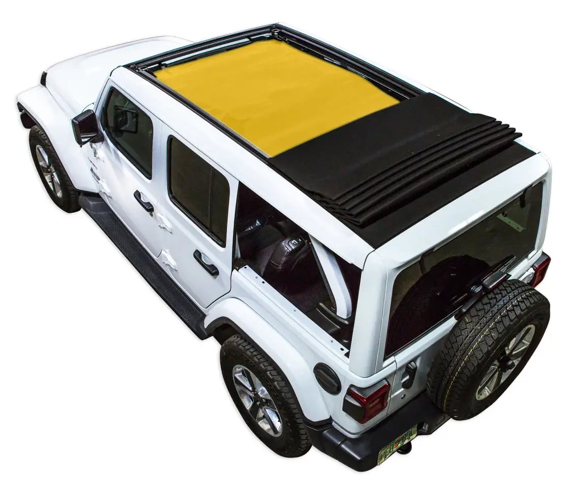 SpiderWebShade sun shade for Jeep Wrangler JLU Sky One Touch Power Top; yellow shade panel