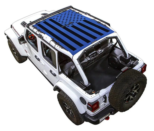Sun shade for Jeep Wrangler JLU 4-Door by SPIDERWEBSHADE with blue American flag roof print