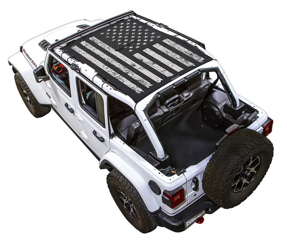 Sunshade Spiderwebshade for Jeep Wrangler JLU 4-Door with black/gray American flag print
