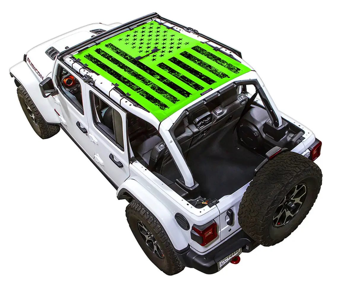Sun Shade for Jeep Wrangler JLU 4-Door by SPIDERWEBSHADE; neon green stock-printed flag design