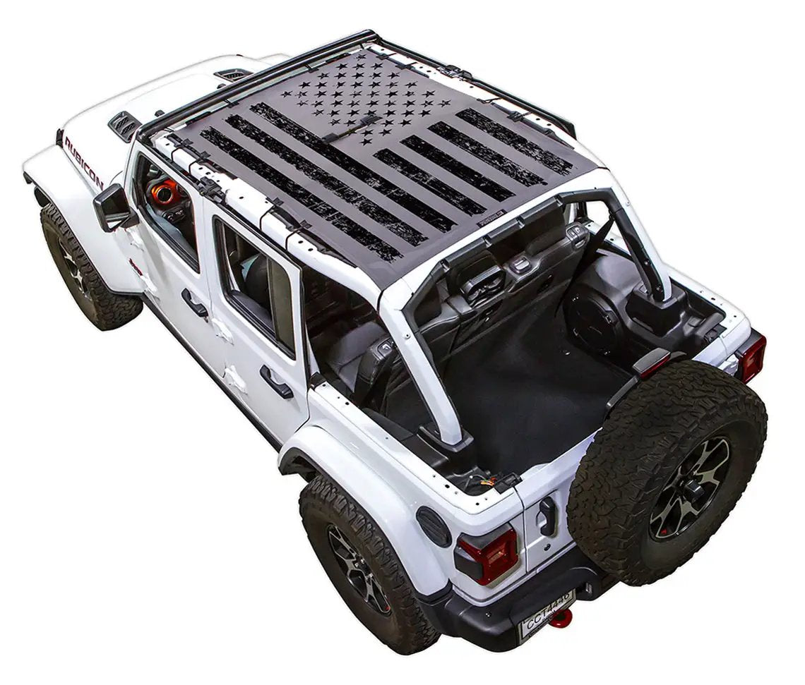SpiderWebShade sun shade top for Jeep Wrangler JLU 4-Door with stock printed flag design