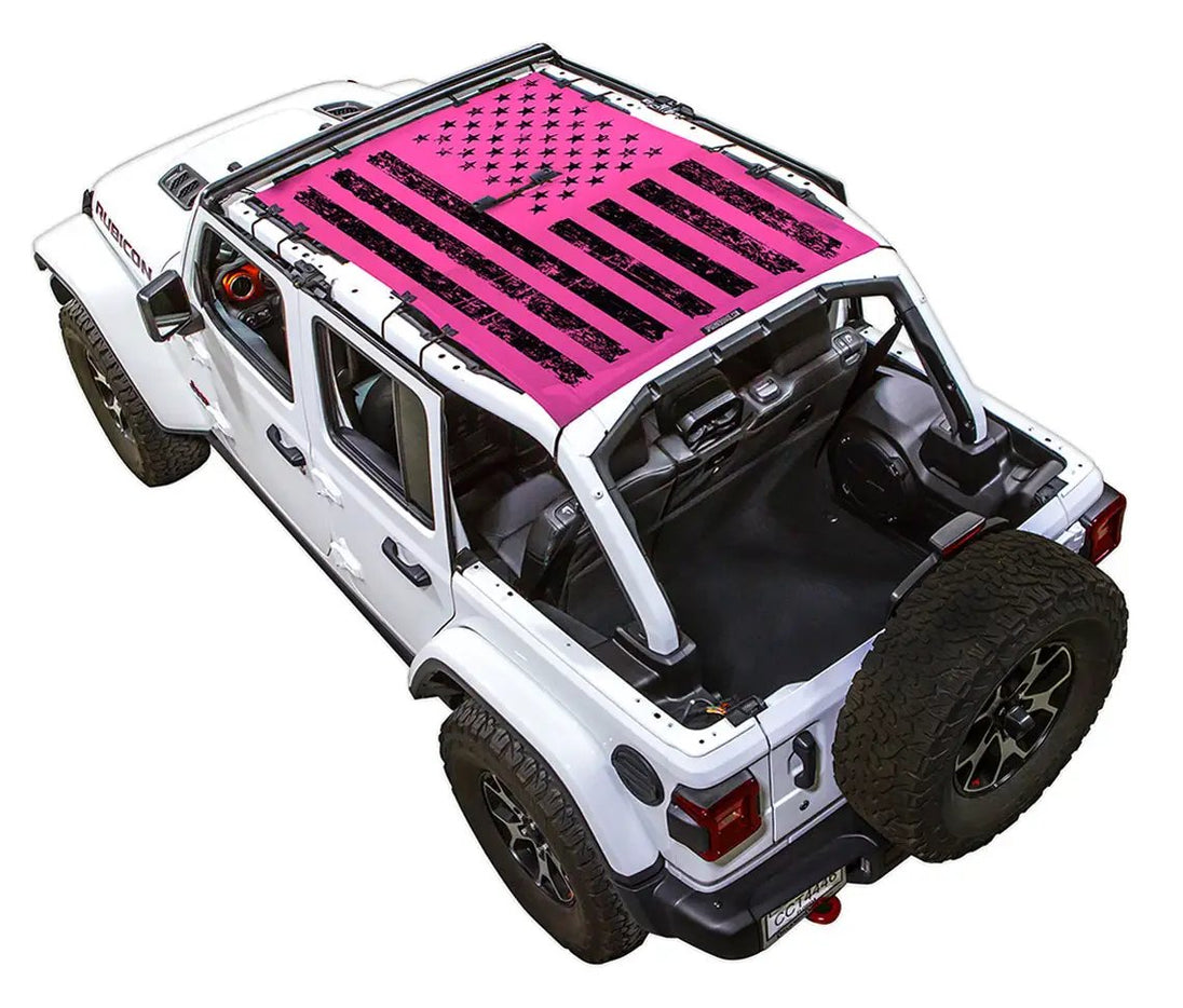 Sun shade by SPIDERWEBSHADE for Jeep Wrangler JLU 4-Door, pink stock-printed shade top