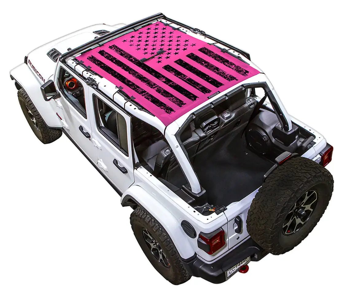 Sun shade by SPIDERWEBSHADE for Jeep Wrangler JLU 4-Door, pink stock-printed shade top
