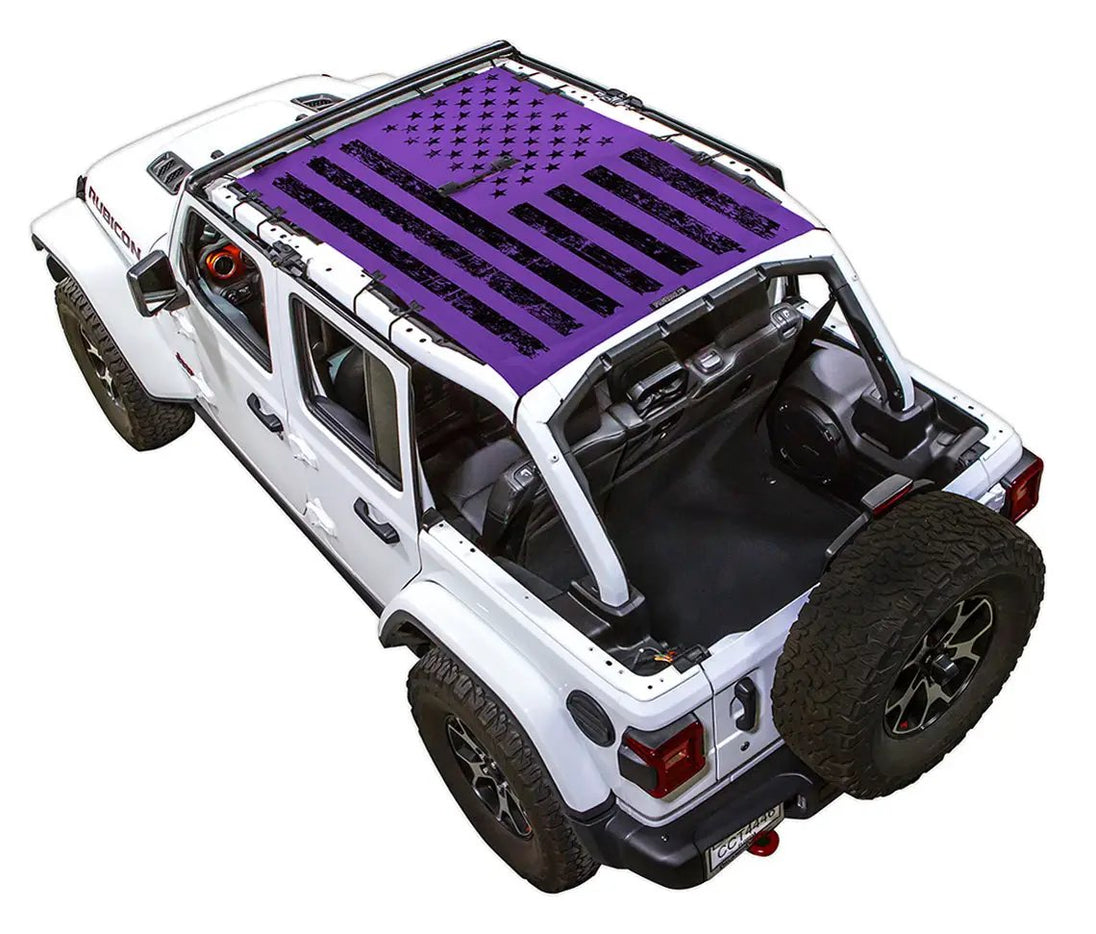 Sun shade for Jeep Wrangler JLU 4-Door by SpiderWebShade, purple stock-printed shade top on white vehicle