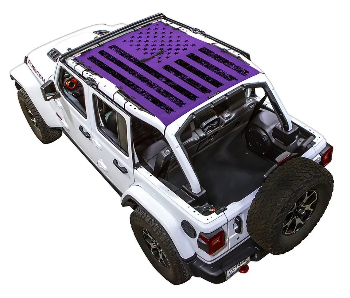 Sun shade for Jeep Wrangler JLU 4-Door by SpiderWebShade, purple stock-printed shade top on white vehicle