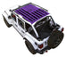 Sun shade for Jeep Wrangler JLU 4-Door by SpiderWebShade, purple stock-printed shade top on white vehicle