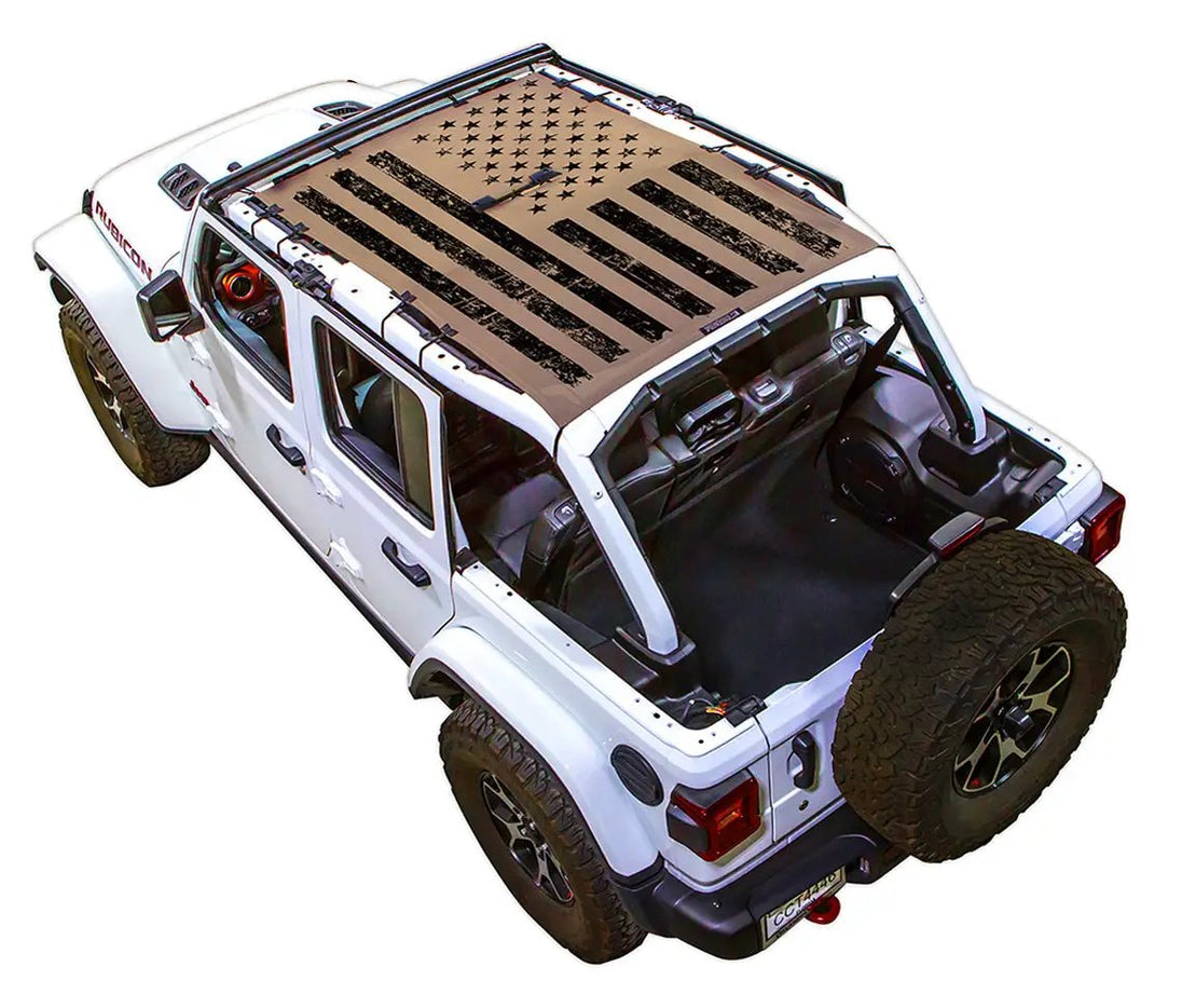 Sun Shade for Jeep Wrangler JLU 4-Door by SPIDERWEBSHADE with tan American flag print