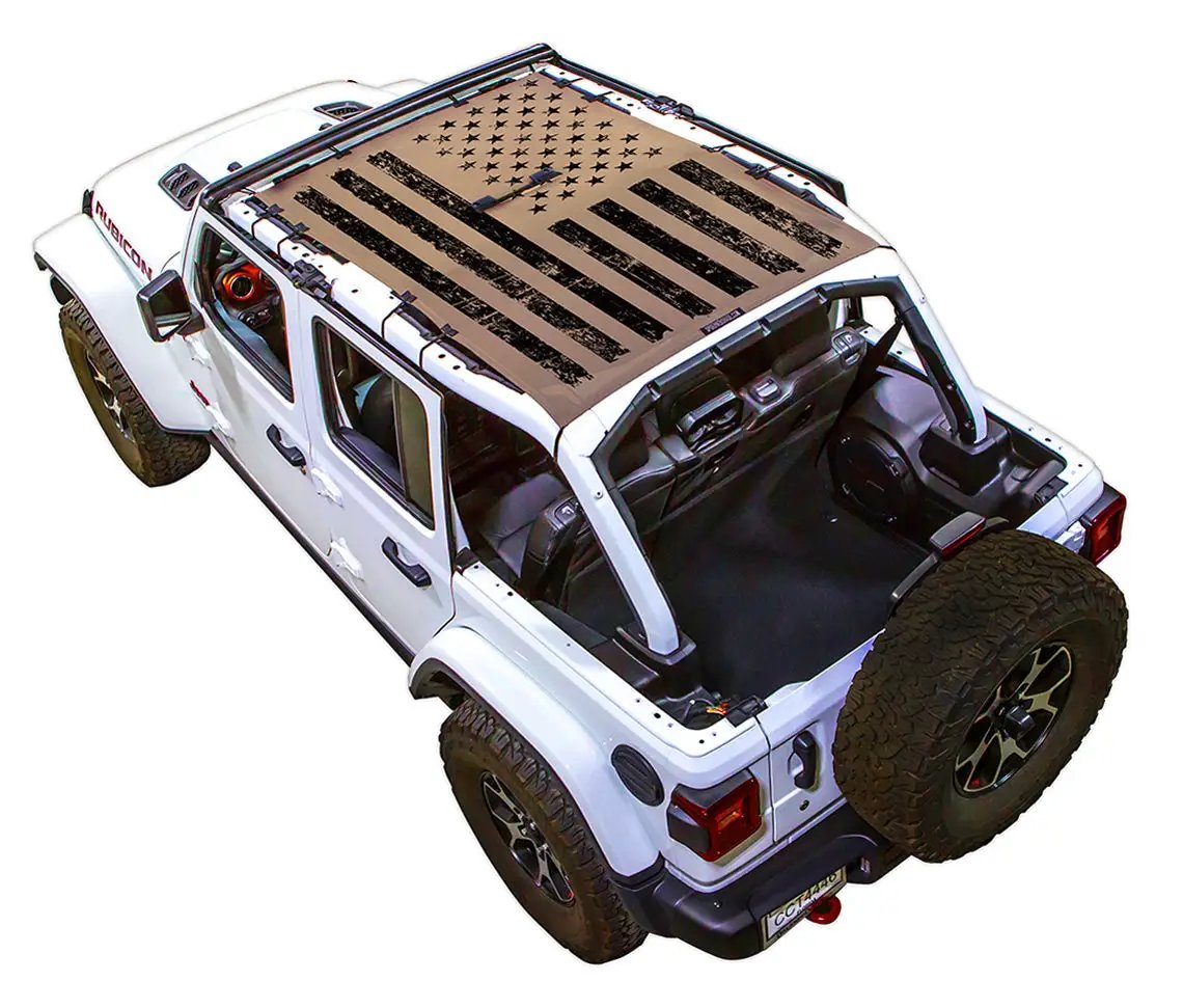 Sun Shade for Jeep Wrangler JLU 4-Door by SPIDERWEBSHADE with tan American flag print