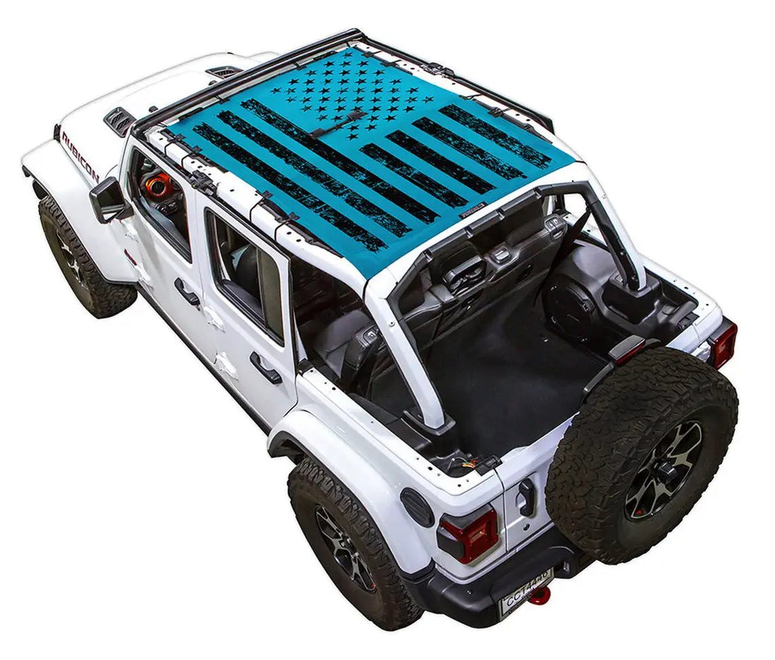 Sun Shade by SPIDERWEBSHADE for Jeep Wrangler JLU 4-Door; blue flag-pattern roof shade