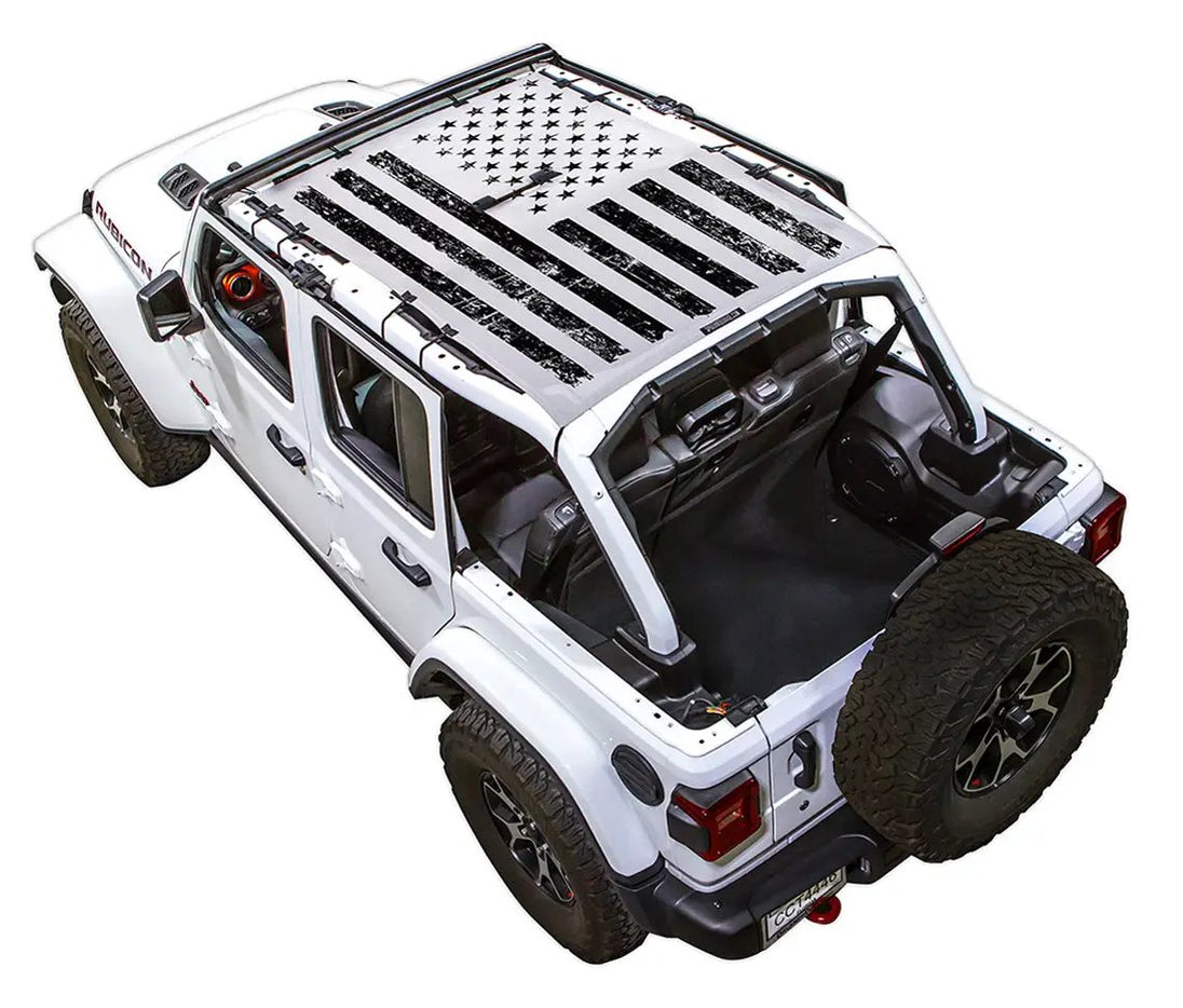 Sun shade for Jeep Wrangler JLU 4-Door with stock printed American flag top by SpiderWebShade