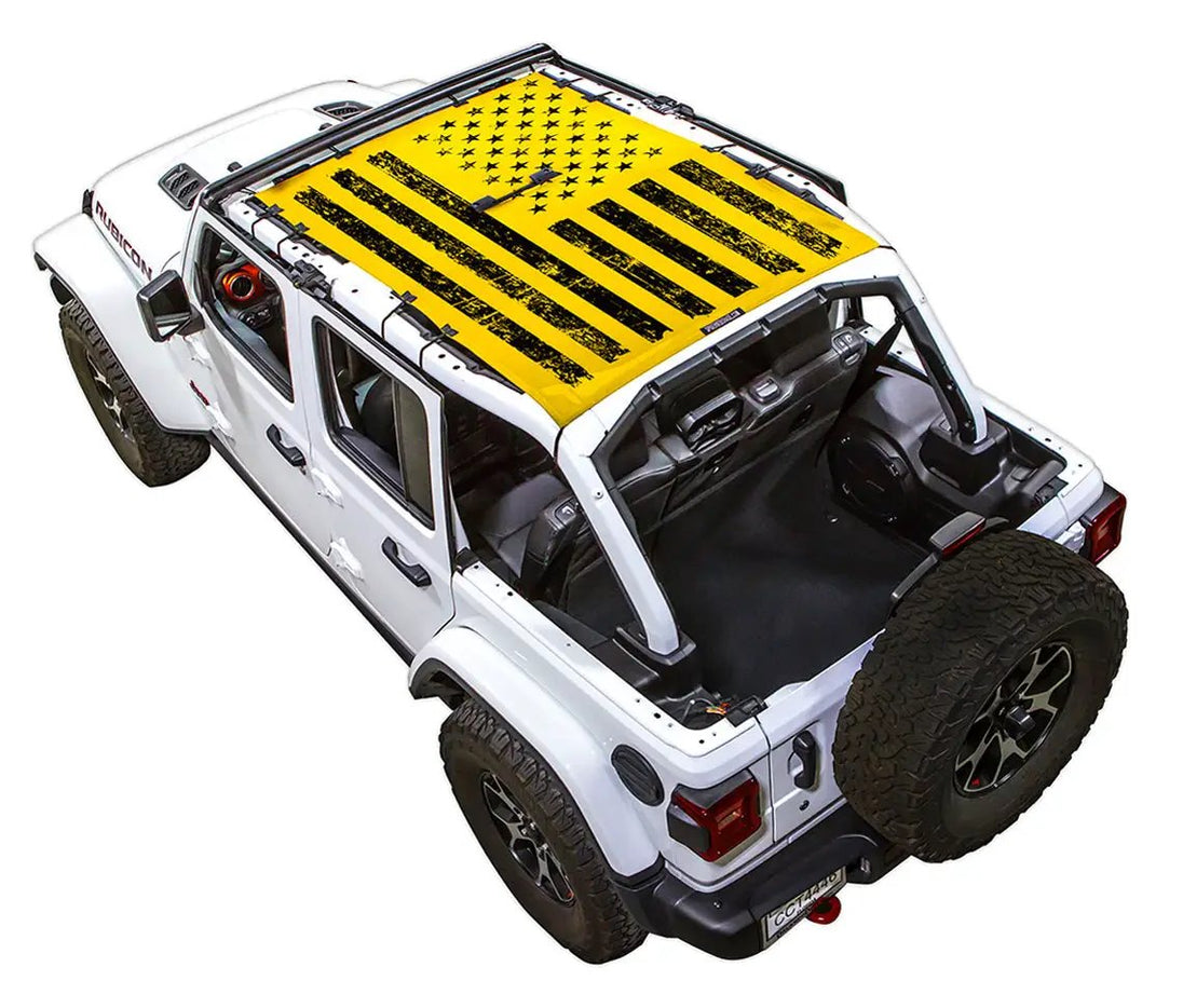 Sun shade SpiderWebShade for Jeep Wrangler JLU 4-Door; yellow US-flag style printed roof top