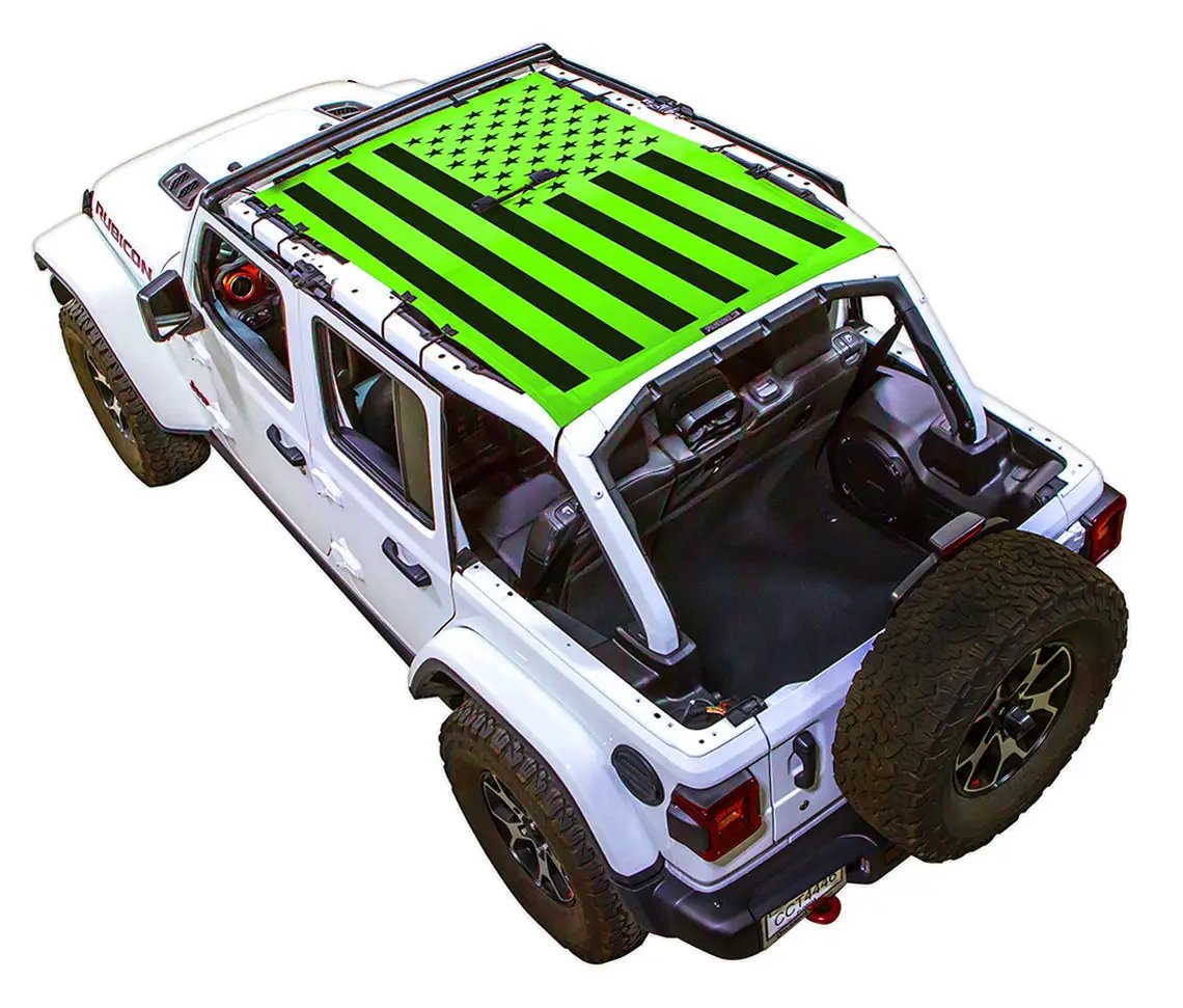 Sun shade for Jeep Wrangler JLU 4-Door by SPIDERWEBSHADE; lime green with black flag-print top