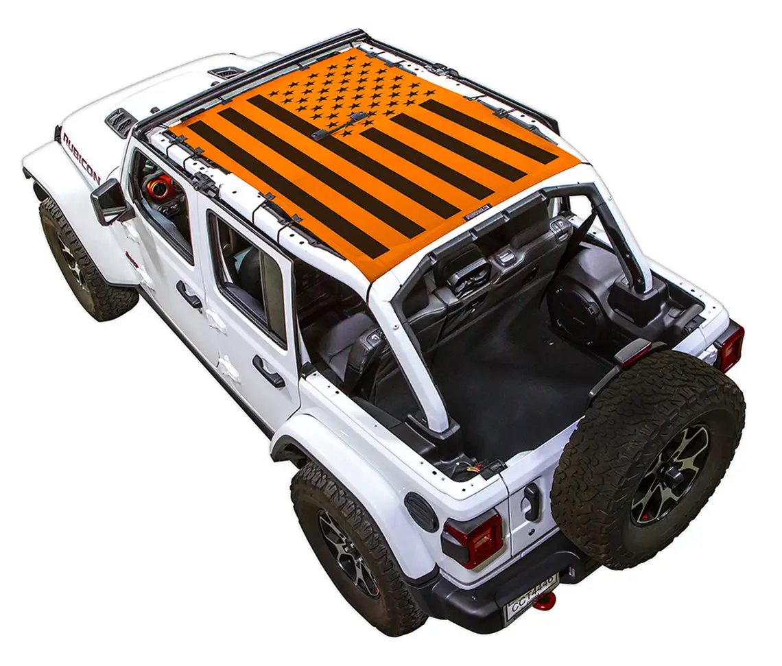 SpiderWebShade sun shade for Jeep Wrangler JLU 4-Door, orange printed top with flag-style stars and stripes.