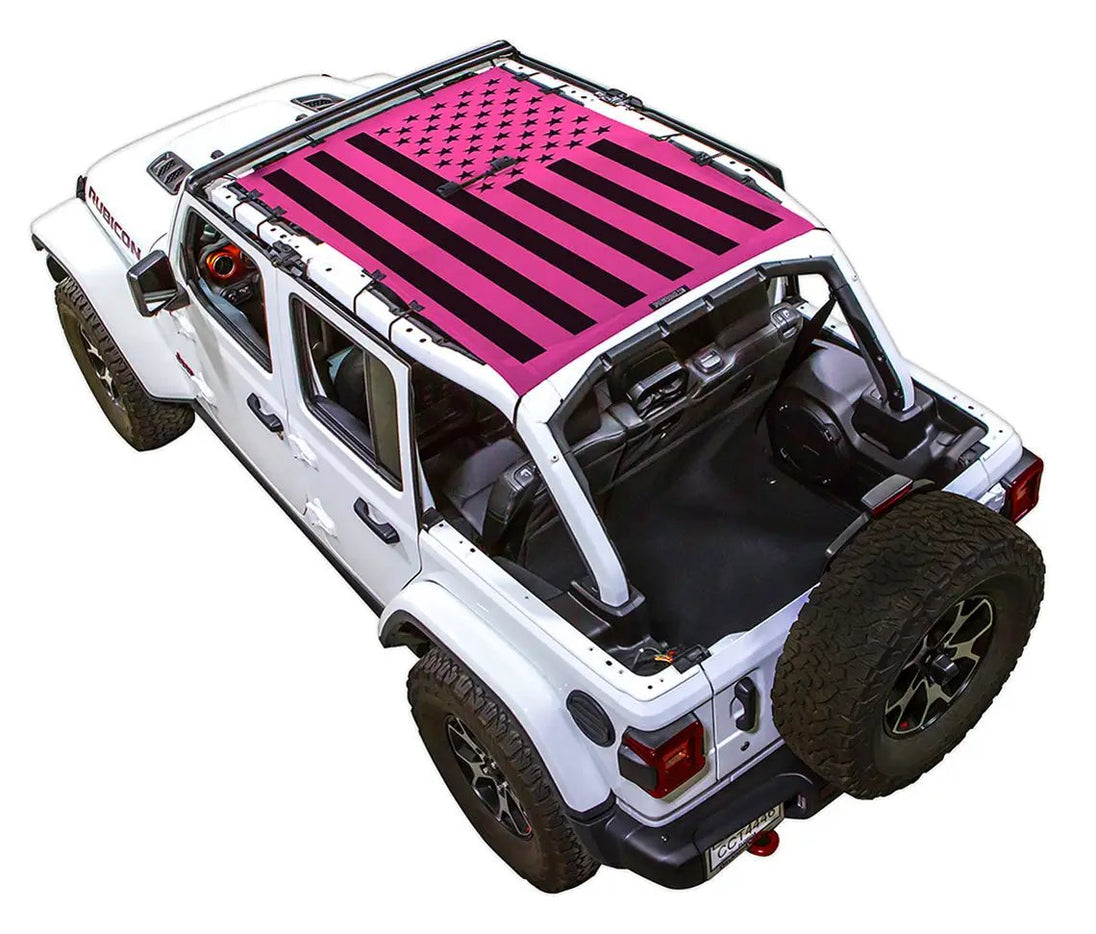Sun Shade by SPIDERWEBSHADE for Jeep Wrangler JLU 4-Door with stock printed shade top pink flag design