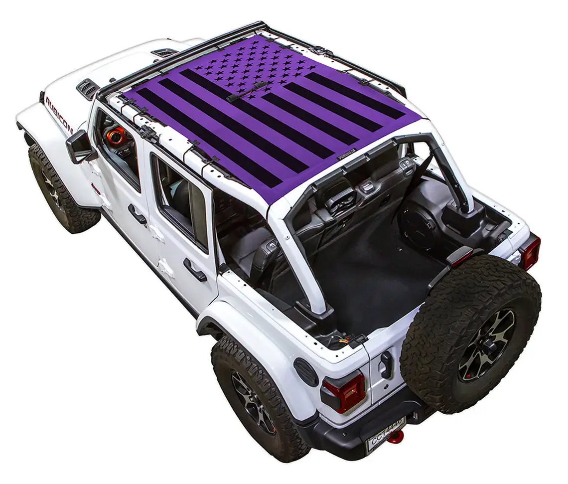 Sun shade SpiderWebShade for Jeep Wrangler JLU 4-Door with purple star-spangled flag roof