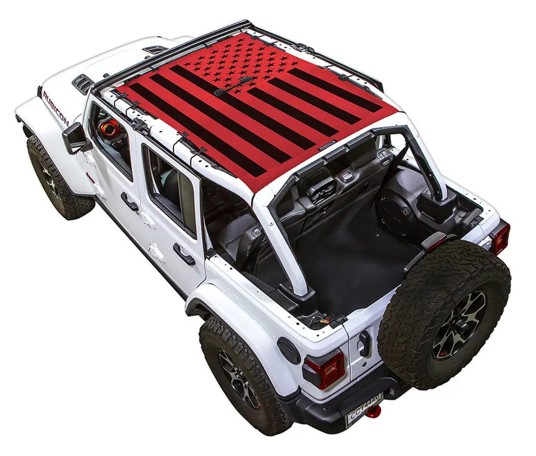 SpiderWebShade sun shade top for Jeep Wrangler JLU 4-Door, red and black flag-print pattern
