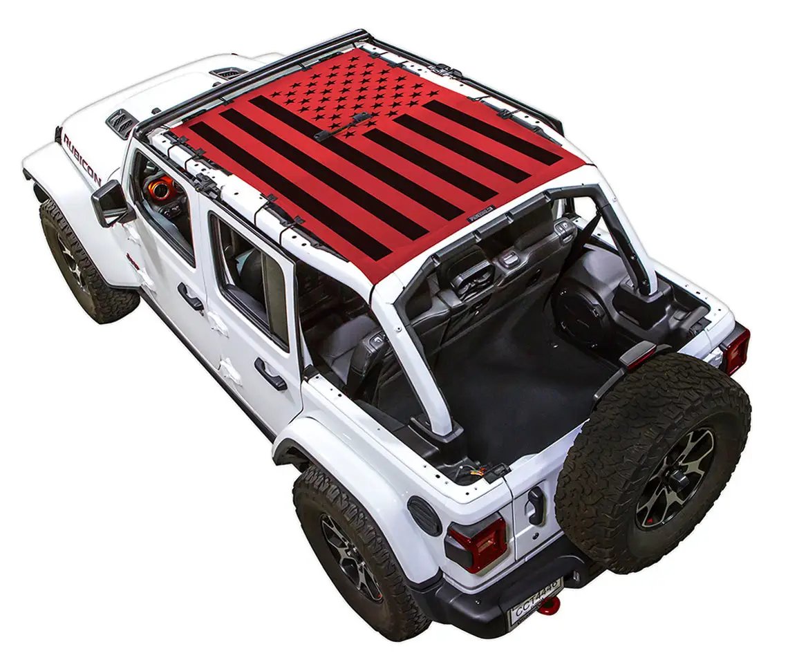 SpiderWebShade sun shade top for Jeep Wrangler JLU 4-Door, red and black flag-print pattern