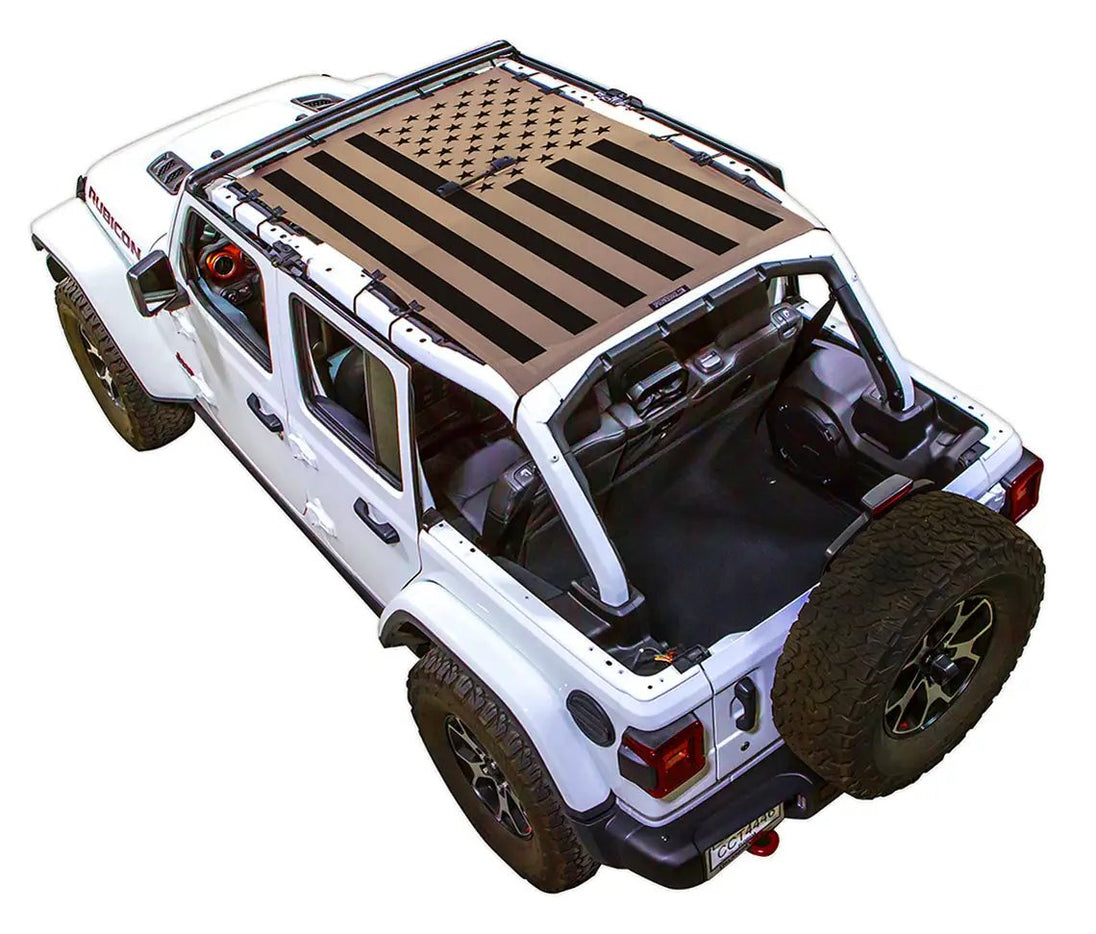 SpiderWebShade Sun Shade for Jeep Wrangler JLU 4-Door with stock printed brown/black American flag roof design