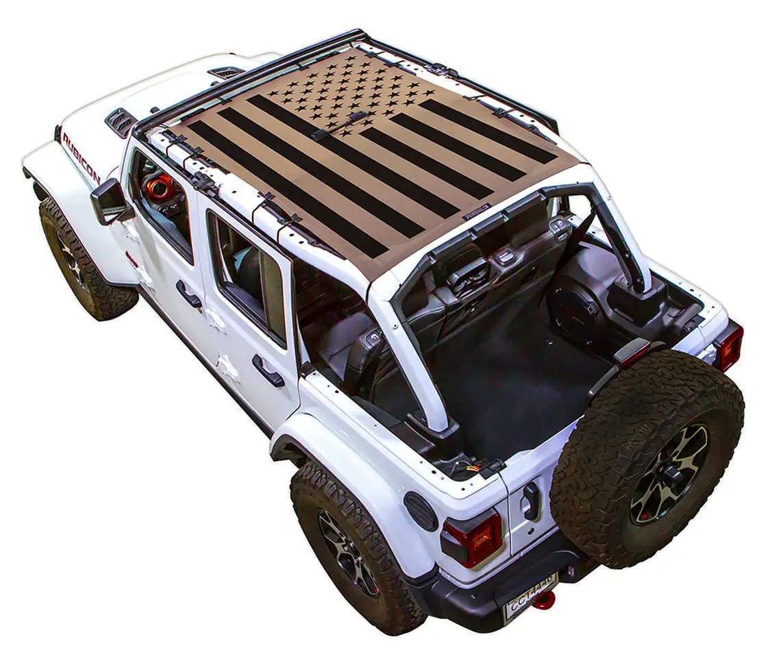 SpiderWebShade Sun Shade for Jeep Wrangler JLU 4-Door with stock printed brown/black American flag roof design