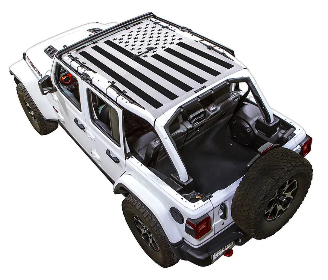 Sun Shade SPIDERWEBSHADE for Jeep Wrangler JLU 4-Door, stock-printed shade top with black American flag design.