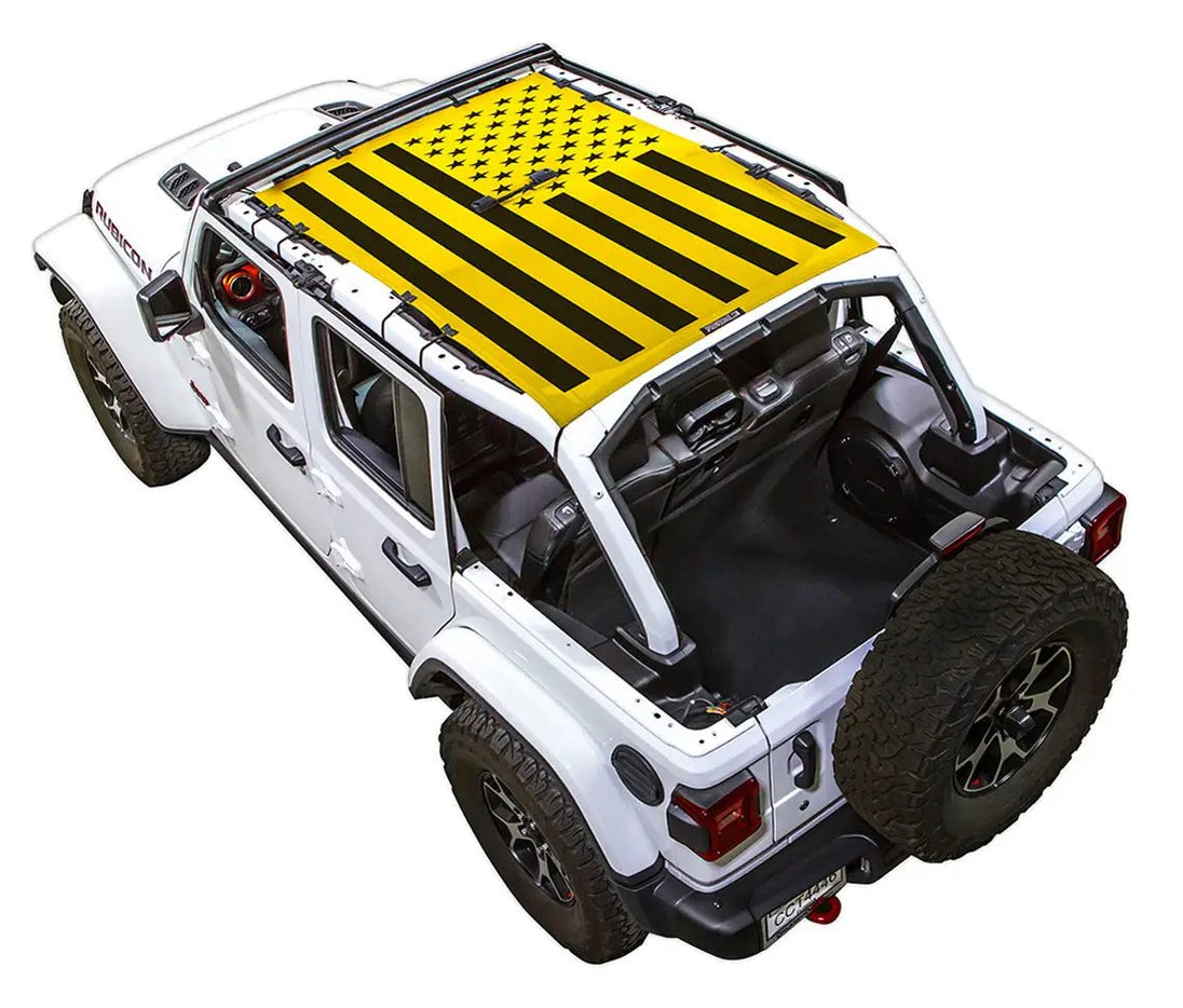 Sun shade top by SPIDERWEBSHADE for Jeep Wrangler JLU 4-Door, yellow with black stripes flag design