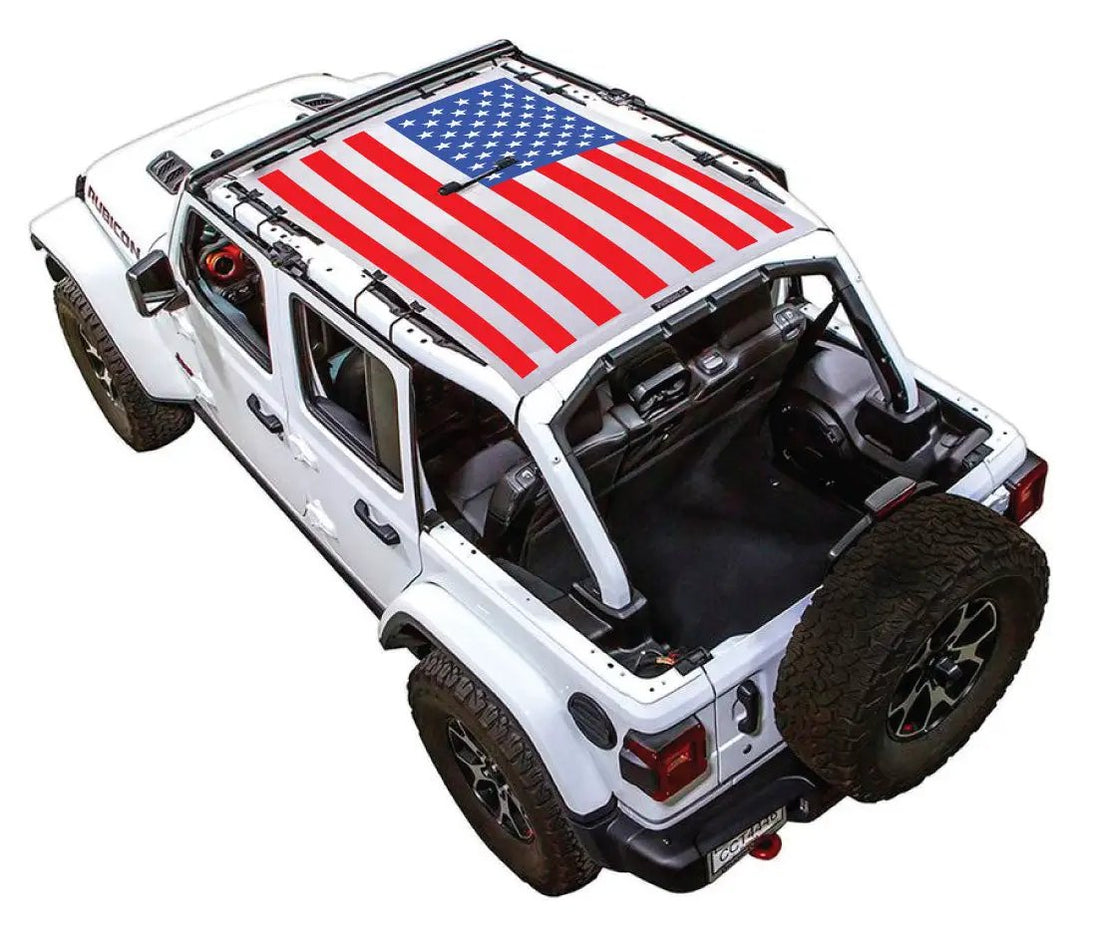 Sun Shade for Jeep Wrangler JLU 4-Door by SPIDERWEBSHADE with American flag roof print