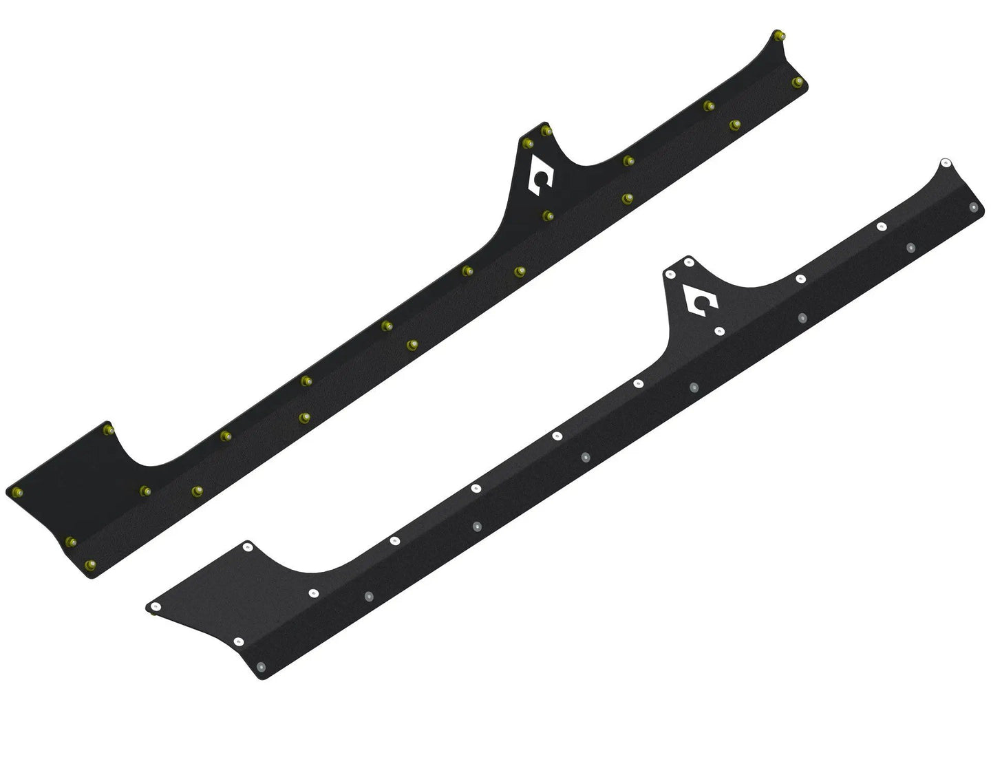 Artec JLU Aluminum Rocker Armor pair, black textured panels with gold mounting bolts and Artec logo cutouts