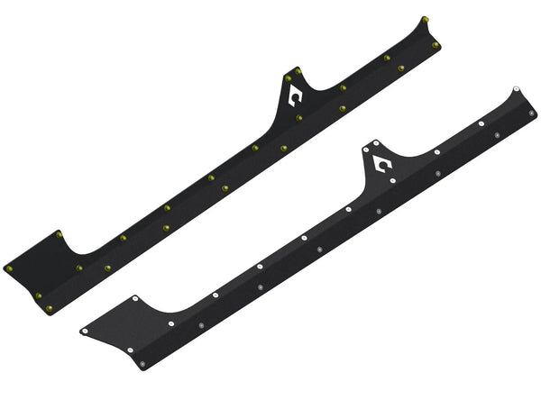 Artec JLU Aluminum Rocker Armor pair, black textured panels with gold mounting bolts and Artec logo cutouts