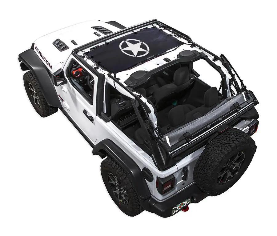 SPIDERWEBSHADE sunshade for Jeep Wrangler JL 2-Door; black stock printed shade top with white star logo.